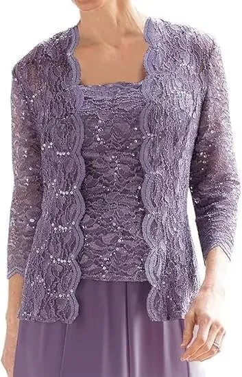 2 Piece Mother of The Bride Dresses for Women with Jacket Lace Chiffon 3/4 Sleeve Tea Length Formal Wedding Guest Dress