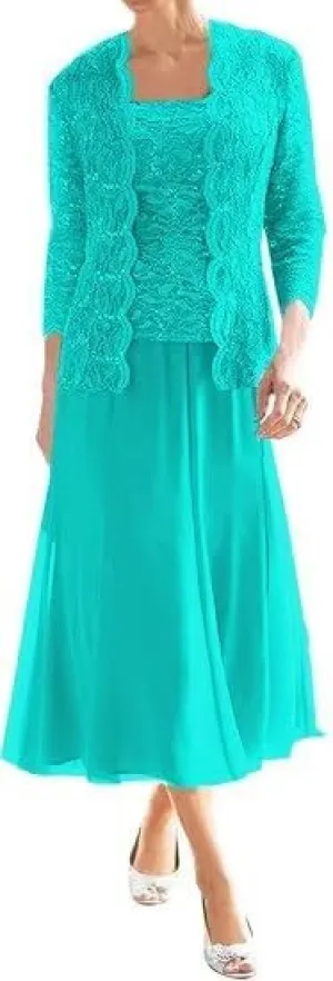 2 Piece Mother of The Bride Dresses for Women with Jacket Lace Chiffon 3/4 Sleeve Tea Length Formal Wedding Guest Dress