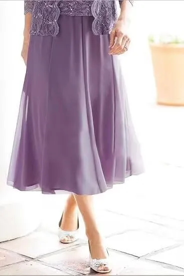 2 Piece Mother of The Bride Dresses for Women with Jacket Lace Chiffon 3/4 Sleeve Tea Length Formal Wedding Guest Dress