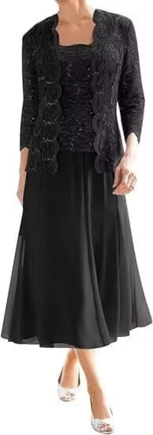 2 Piece Mother of The Bride Dresses for Women with Jacket Lace Chiffon 3/4 Sleeve Tea Length Formal Wedding Guest Dress