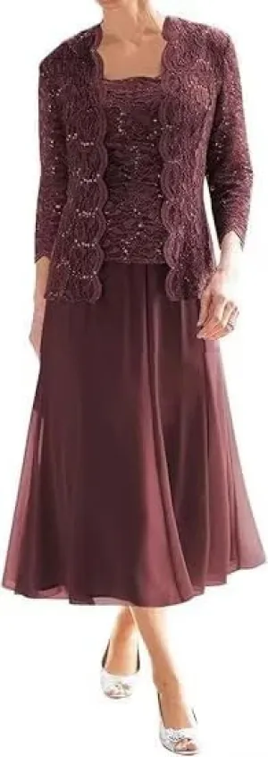 2 Piece Mother of The Bride Dresses for Women with Jacket Lace Chiffon 3/4 Sleeve Tea Length Formal Wedding Guest Dress