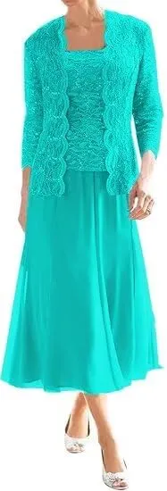 2 Piece Mother of The Bride Dresses for Women with Jacket Lace Chiffon 3/4 Sleeve Tea Length Formal Wedding Guest Dress