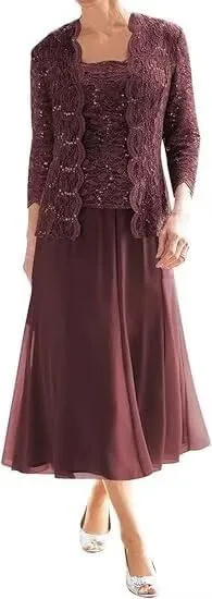 2 Piece Mother of The Bride Dresses for Women with Jacket Lace Chiffon 3/4 Sleeve Tea Length Formal Wedding Guest Dress