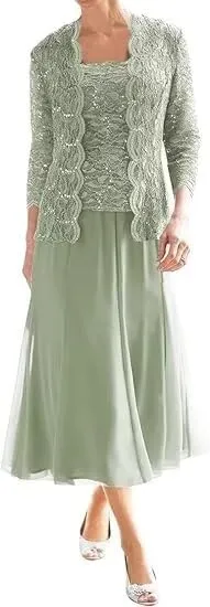 2 Piece Mother of The Bride Dresses for Women with Jacket Lace Chiffon 3/4 Sleeve Tea Length Formal Wedding Guest Dress