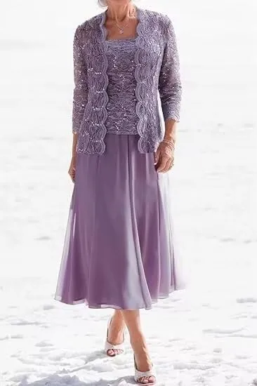 2 Piece Mother of The Bride Dresses for Women with Jacket Lace Chiffon 3/4 Sleeve Tea Length Formal Wedding Guest Dress