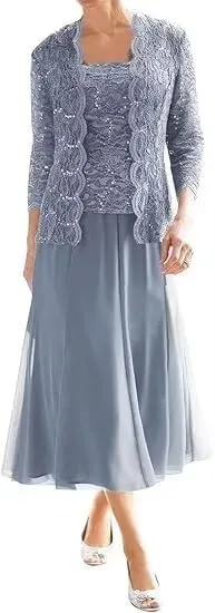 2 Piece Mother of The Bride Dresses for Women with Jacket Lace Chiffon 3/4 Sleeve Tea Length Formal Wedding Guest Dress