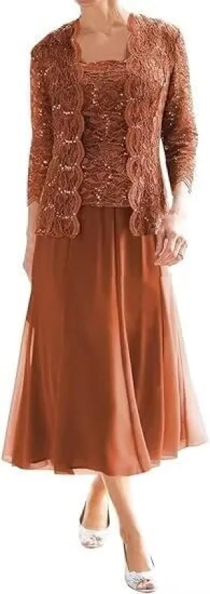 2 Piece Mother of The Bride Dresses for Women with Jacket Lace Chiffon 3/4 Sleeve Tea Length Formal Wedding Guest Dress