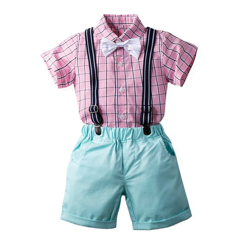 2 Pieces Set Baby Kid Boys Birthday Checked Bow Shirts And Solid Color Rompers Wholesale 230308180