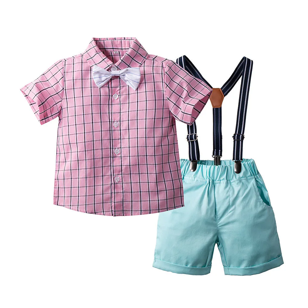 2 Pieces Set Baby Kid Boys Birthday Checked Bow Shirts And Solid Color Rompers Wholesale 230308180