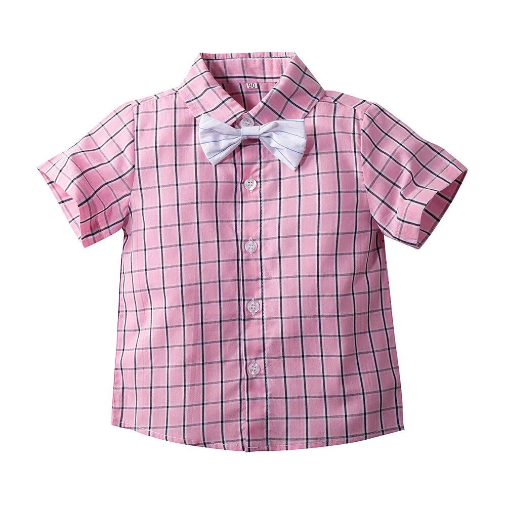 2 Pieces Set Baby Kid Boys Birthday Checked Bow Shirts And Solid Color Rompers Wholesale 230308180