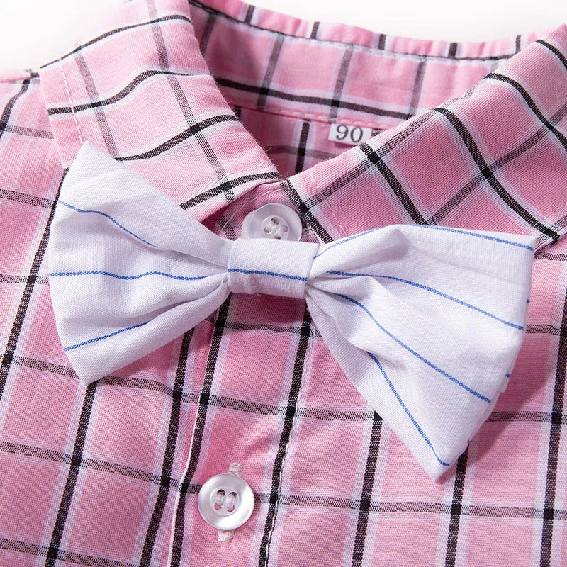 2 Pieces Set Baby Kid Boys Birthday Checked Bow Shirts And Solid Color Rompers Wholesale 230308180