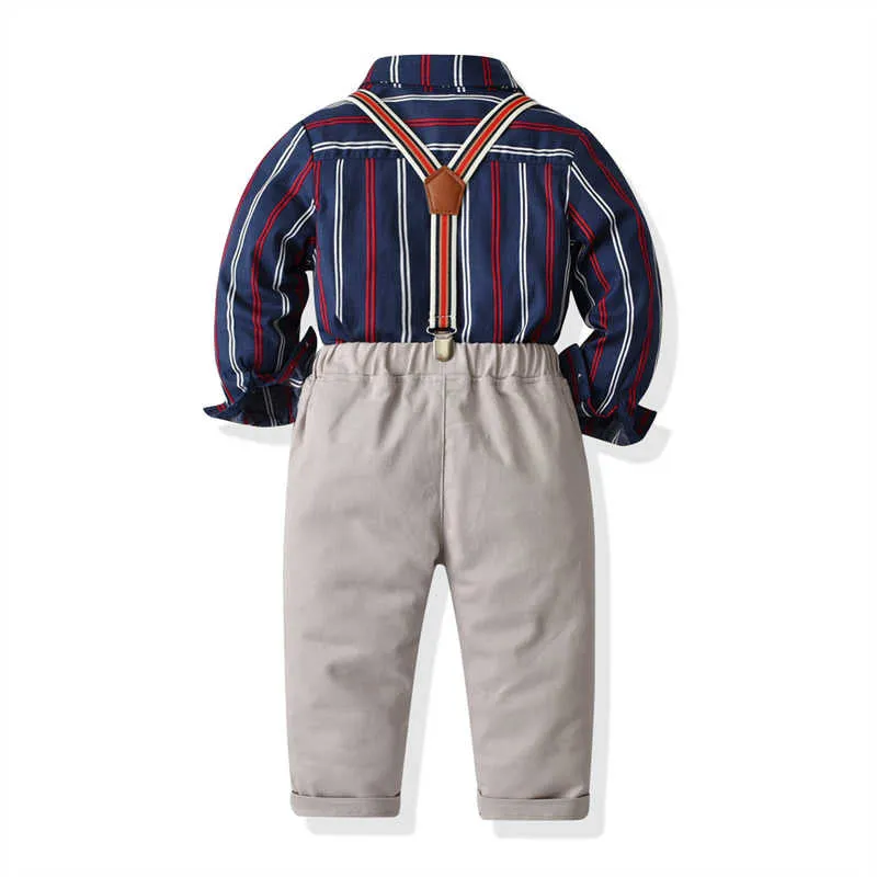 2 Pieces Set Baby Kid Boys Birthday Party Striped Bow Shirts And Solid Color Jumpsuits Wholesale 211109501
