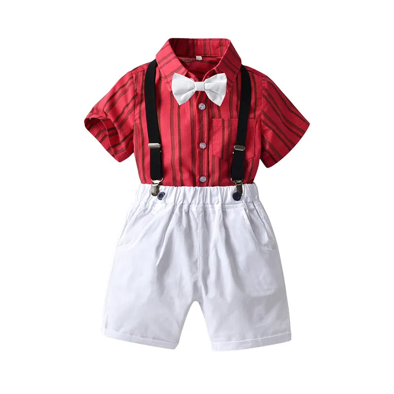 2 Pieces Set Baby Kid Boys Birthday Party Striped Bow Shirts And Solid Color Rompers Wholesale 220531612