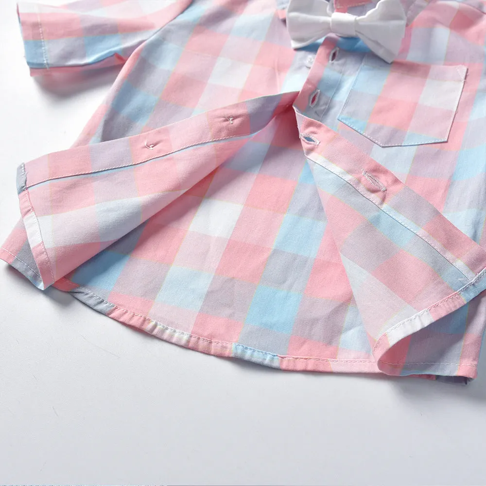 2 Pieces Set Baby Kid Boys Checked Bow Shirts And Solid Color Jumpsuits Suits Wholesale 22040747