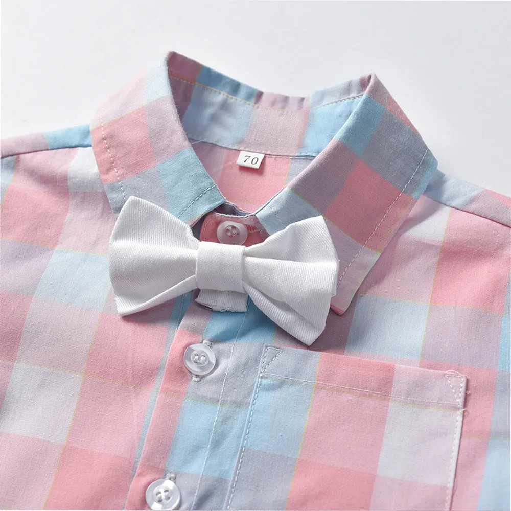 2 Pieces Set Baby Kid Boys Checked Bow Shirts And Solid Color Jumpsuits Suits Wholesale 22040747
