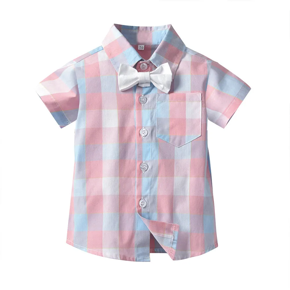 2 Pieces Set Baby Kid Boys Checked Bow Shirts And Solid Color Jumpsuits Suits Wholesale 22040747