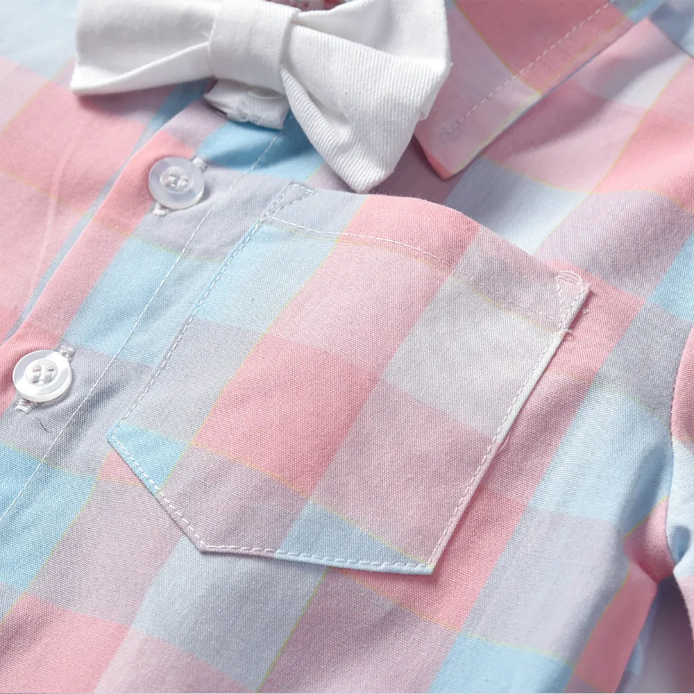 2 Pieces Set Baby Kid Boys Checked Bow Shirts And Solid Color Jumpsuits Suits Wholesale 22040747