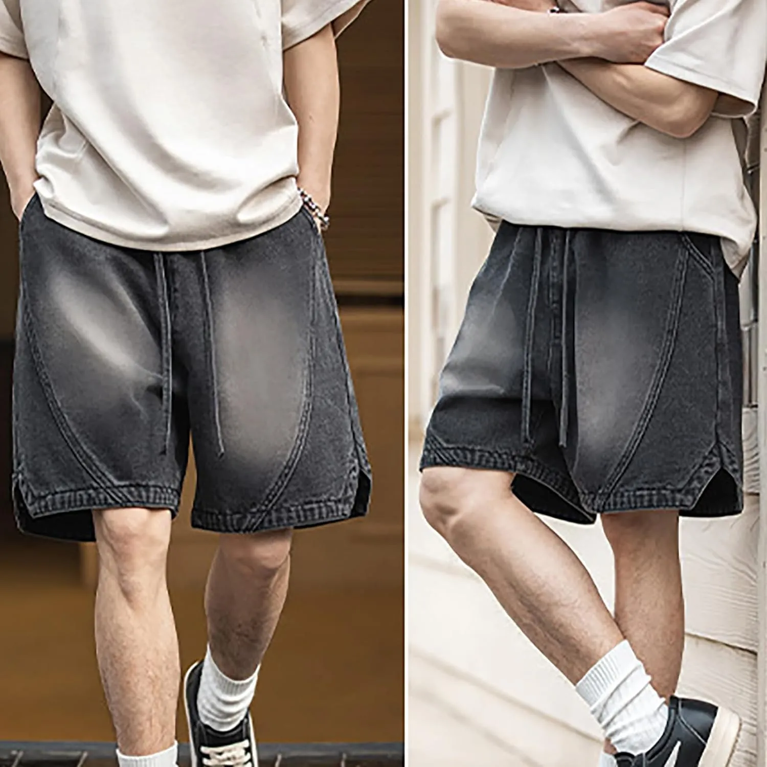 2025 Denim Shorts Mens Workwear Overalls Drawstring Short Jeans Denim Shorts Combat Cropped Trousers