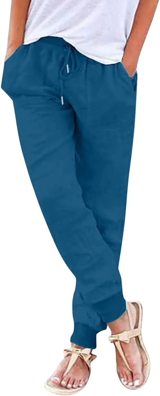2025 Linen Pants for Women, Plus Size Trendy Solid Color Spring Summer Gauze Casual Elastic Waist Comfy Soft Trousers