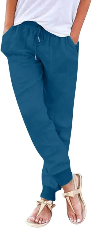 2025 Linen Pants for Women, Plus Size Trendy Solid Color Spring Summer Gauze Casual Elastic Waist Comfy Soft Trousers