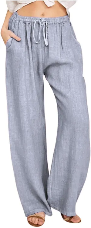 2025 Summer Womens Cotton Linen Pants Casual Drawstring High Elastic Wide Leg Soft Loose Fit Trousers with Pockets