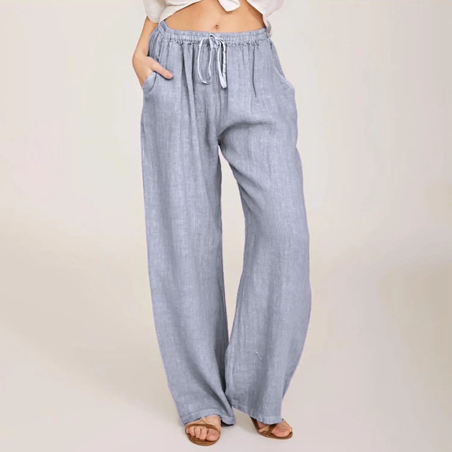 2025 Summer Womens Cotton Linen Pants Casual Drawstring High Elastic Wide Leg Soft Loose Fit Trousers with Pockets