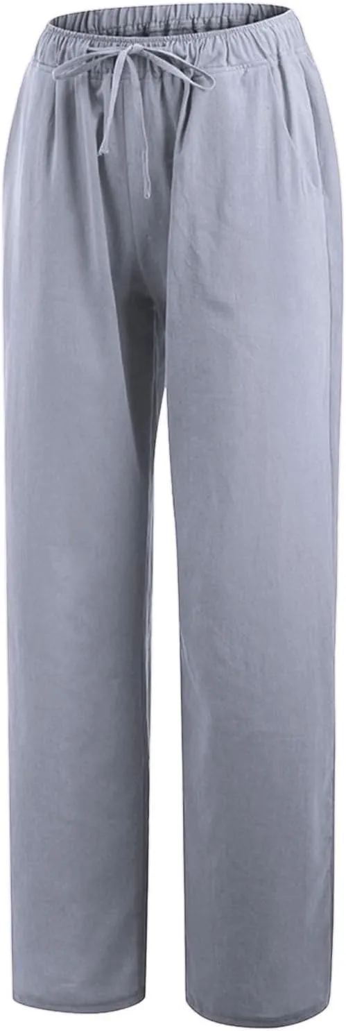 2025 Summer Womens Cotton Linen Pants Casual Drawstring High Elastic Wide Leg Soft Loose Fit Trousers with Pockets