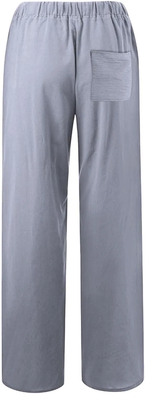 2025 Summer Womens Cotton Linen Pants Casual Drawstring High Elastic Wide Leg Soft Loose Fit Trousers with Pockets