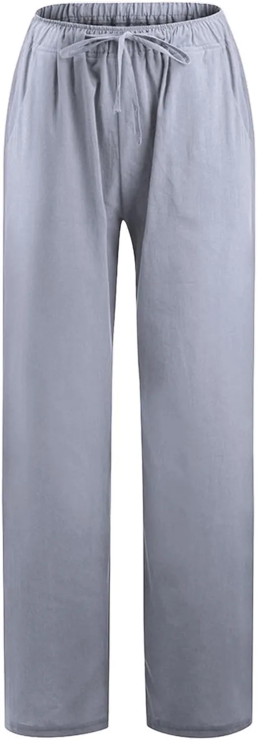 2025 Summer Womens Cotton Linen Pants Casual Drawstring High Elastic Wide Leg Soft Loose Fit Trousers with Pockets