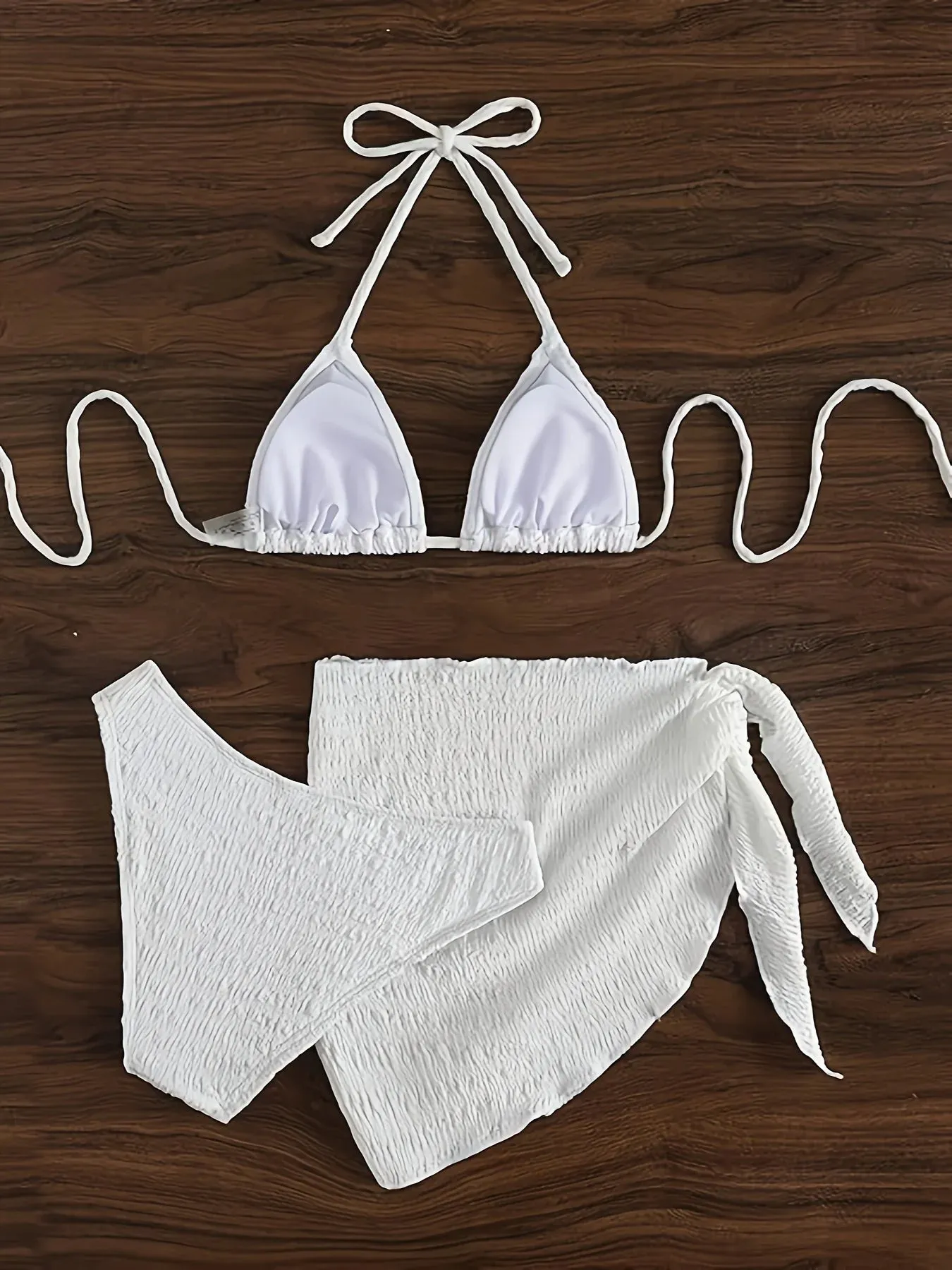 3-Piece White Textured Bikini Set with Wrap Skirt