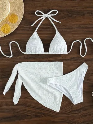 3-Piece White Textured Bikini Set with Wrap Skirt