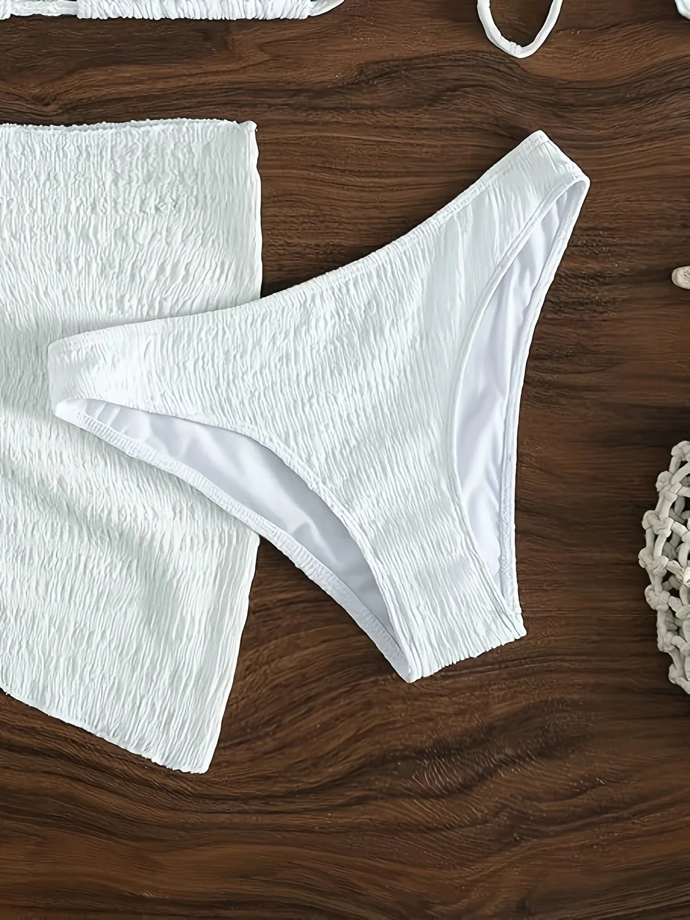 3-Piece White Textured Bikini Set with Wrap Skirt