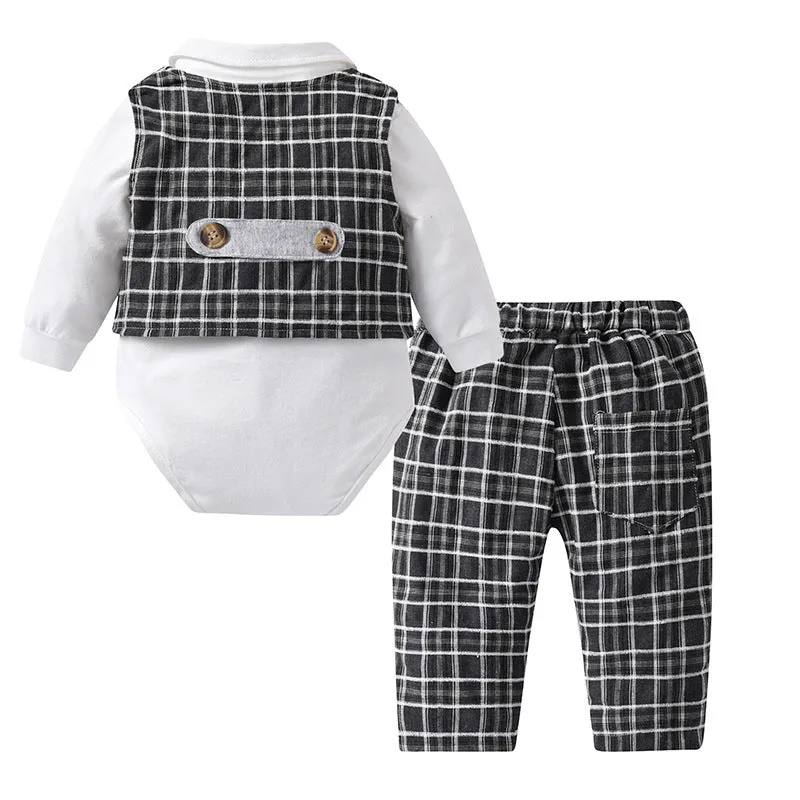 3 Pieces Set Baby Boys Birthday Party Solid Color Bow Rompers Checked Vests Waistcoats And Pants Wholesale 221214235