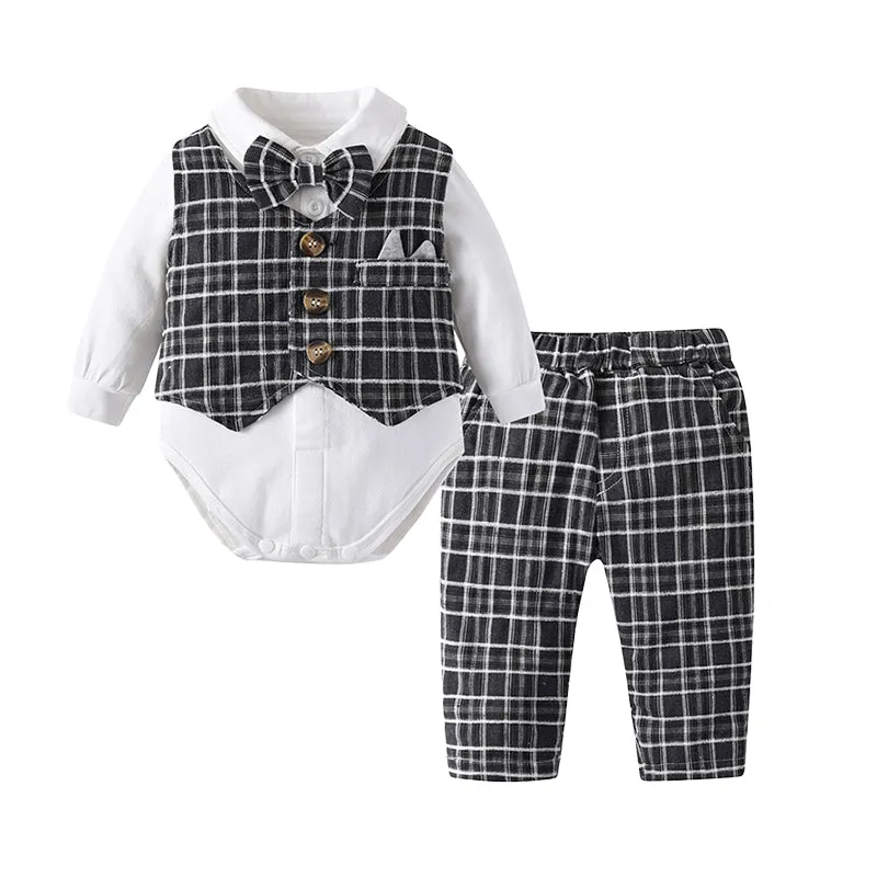 3 Pieces Set Baby Boys Birthday Party Solid Color Bow Rompers Checked Vests Waistcoats And Pants Wholesale 221214235
