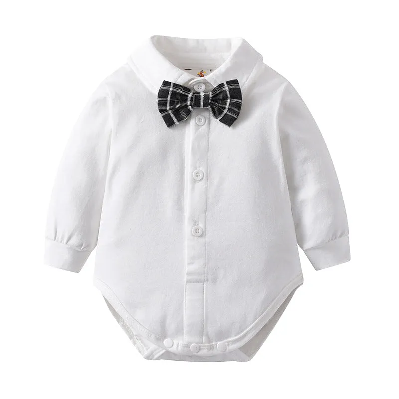 3 Pieces Set Baby Boys Birthday Party Solid Color Bow Rompers Checked Vests Waistcoats And Pants Wholesale 221214235