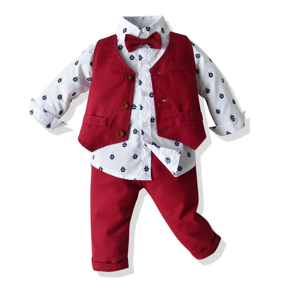 3 Pieces Set Baby Kid Boys Birthday Bow Print Shirts And Solid Color Vests Waistcoats And Pants Wholesale 23041132