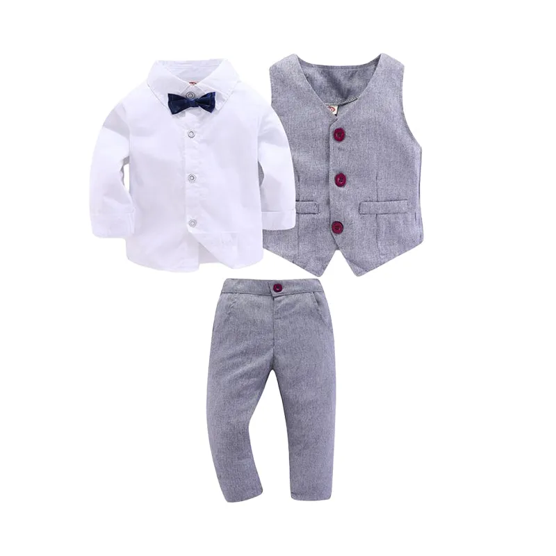 3 Pieces Set Baby Kid Boys Birthday Party Solid Color Bow Shirts And Striped Vests Waistcoats And Pants Wholesale 22071172