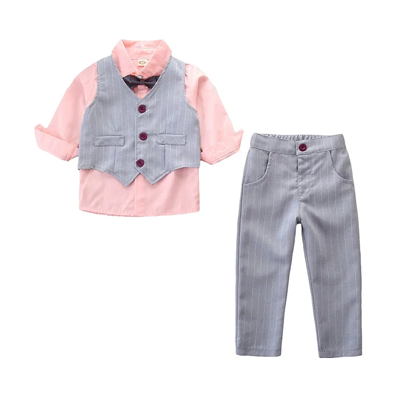 3 Pieces Set Baby Kid Boys Birthday Party Solid Color Bow Shirts And Striped Vests Waistcoats And Pants Wholesale 22071172