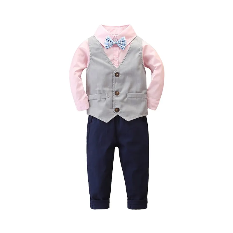 3 Pieces Set Baby Kid Boys Birthday Party Solid Color Bow Shirts And Striped Vests Waistcoats And Pants Wholesale 22071172