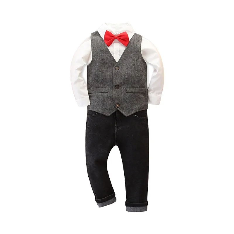 3 Pieces Set Baby Kid Boys Birthday Party Solid Color Bow Shirts And Striped Vests Waistcoats And Pants Wholesale 22071172