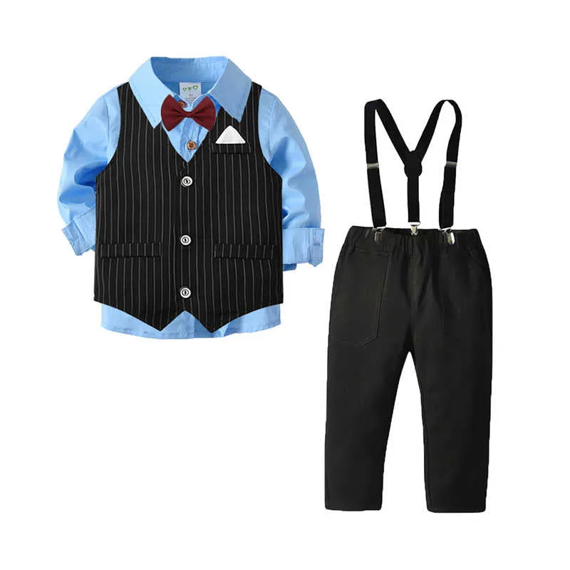 3 Pieces Set Baby Kid Boys Dressy Birthday Party Solid Color Bow Shirts And Striped Vests Waistcoats And Jumpsuits Wholesale 211109515