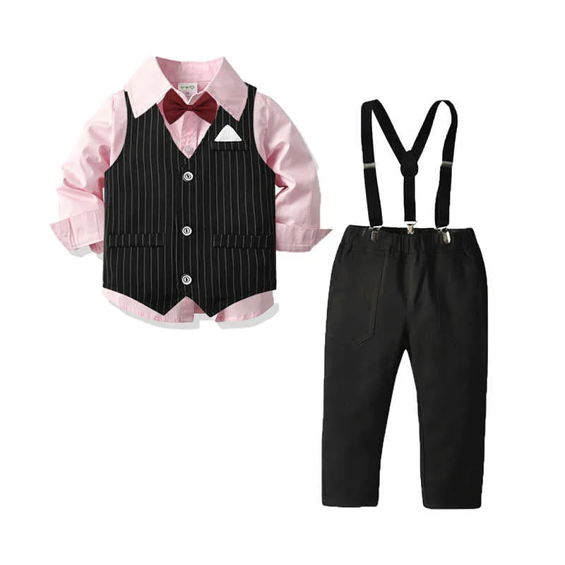 3 Pieces Set Baby Kid Boys Dressy Birthday Party Solid Color Bow Shirts And Striped Vests Waistcoats And Jumpsuits Wholesale 211109515