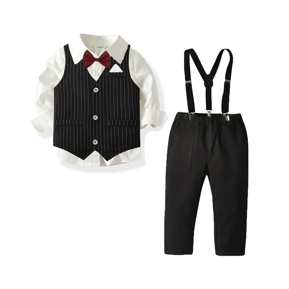 3 Pieces Set Baby Kid Boys Dressy Birthday Party Solid Color Bow Shirts And Striped Vests Waistcoats And Jumpsuits Wholesale 211109515