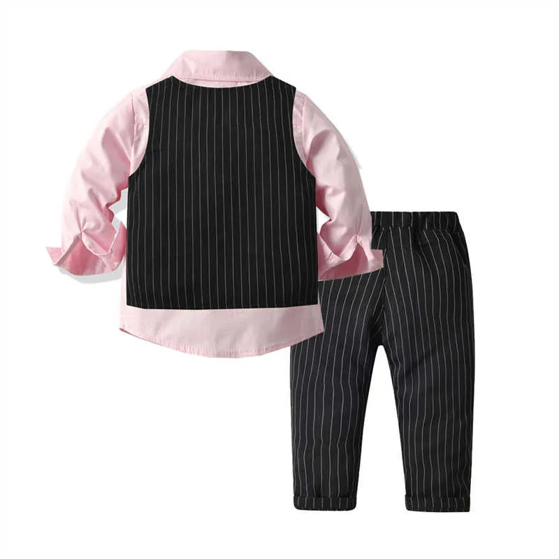3 Pieces Set Baby Kid Boys Dressy Striped Vests Waistcoats Solid Color Bow Shirts And Suits Trousers Wholesale 211109418