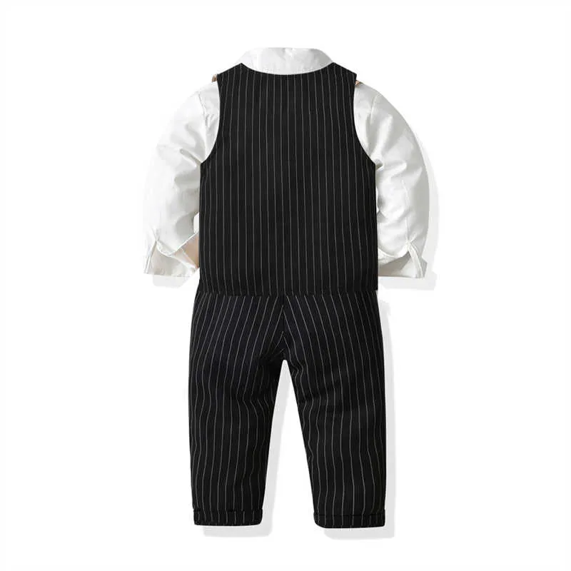 3 Pieces Set Baby Kid Boys Dressy Striped Vests Waistcoats Solid Color Bow Shirts And Suits Trousers Wholesale 211109418
