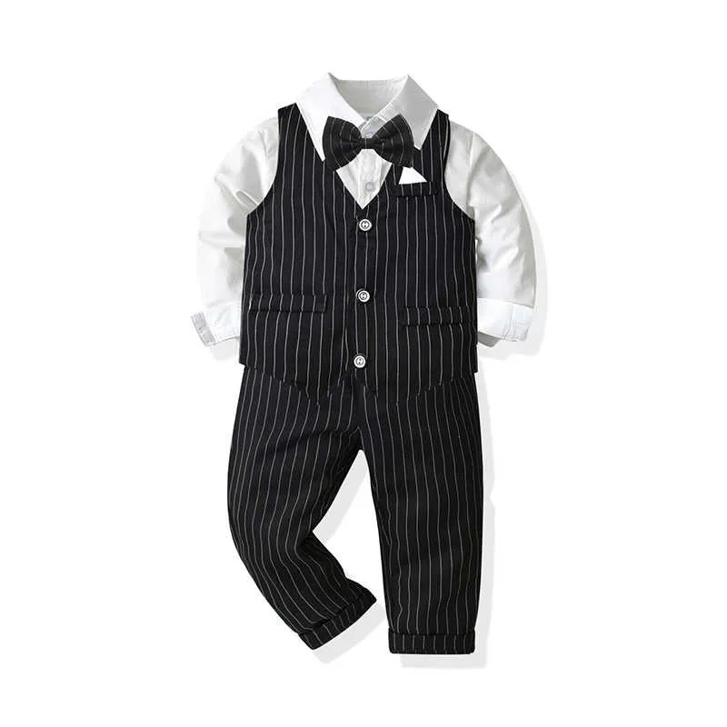 3 Pieces Set Baby Kid Boys Dressy Striped Vests Waistcoats Solid Color Bow Shirts And Suits Trousers Wholesale 211109418