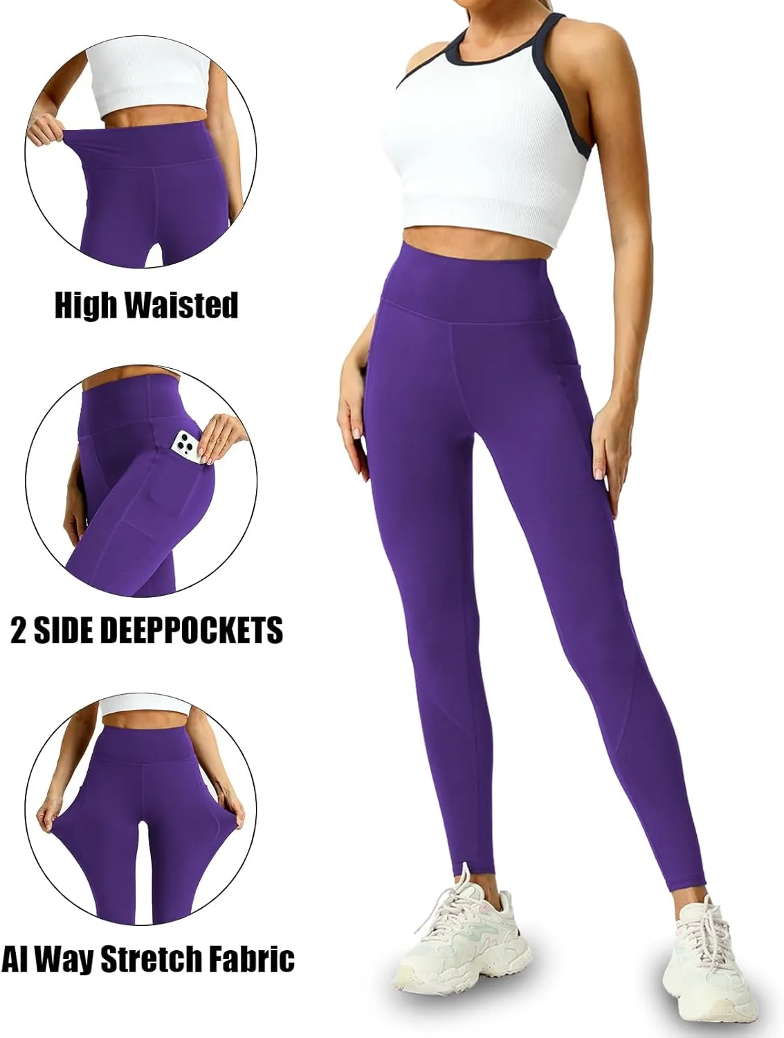 4 Pack Leggings with Pockets for Women - Soft High Waisted Tummy Control Workout Yoga Pants