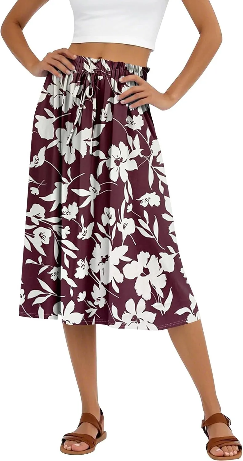 A Line Floral Midi Skirts for Women Casual Trendy Elastic High Waisted Pleated Flowy Drawstring Midi Length Skirts