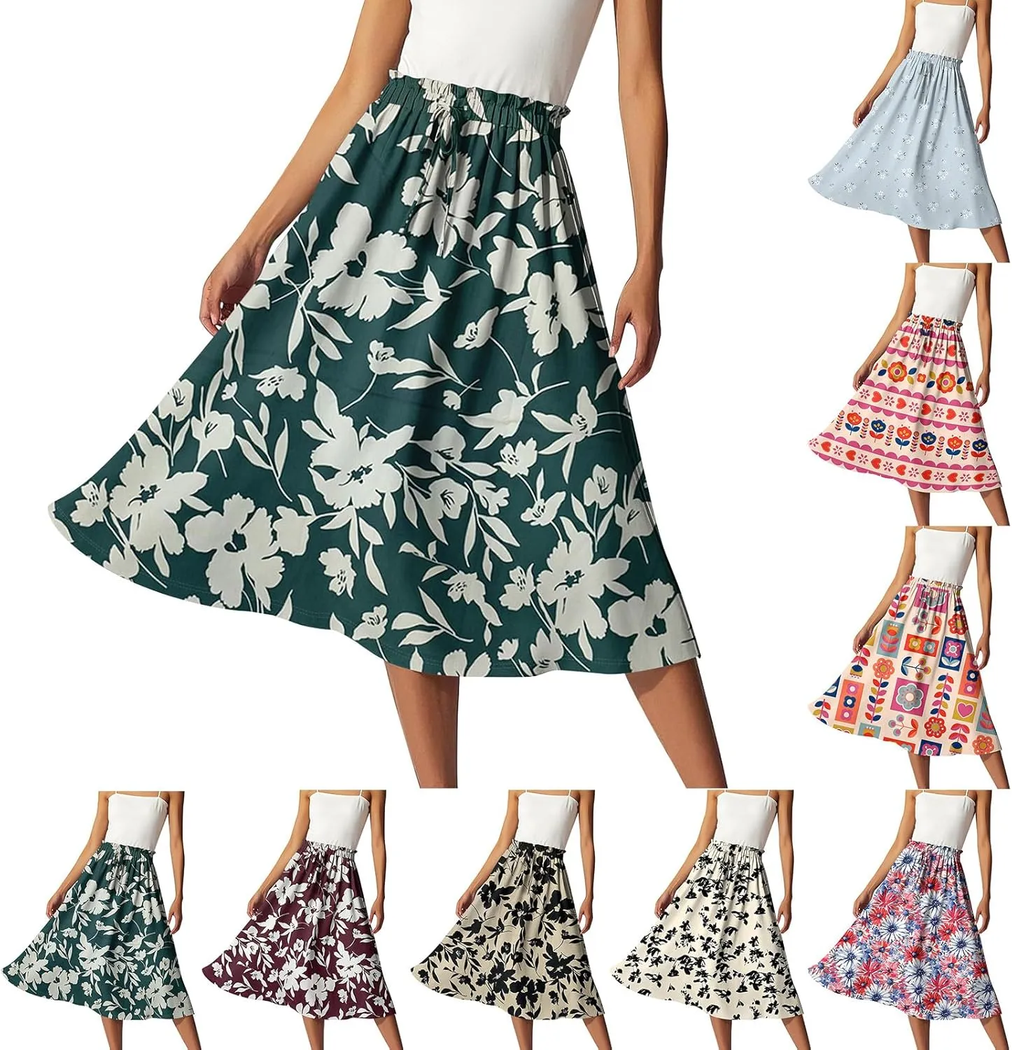 A Line Floral Midi Skirts for Women Casual Trendy Elastic High Waisted Pleated Flowy Drawstring Midi Length Skirts