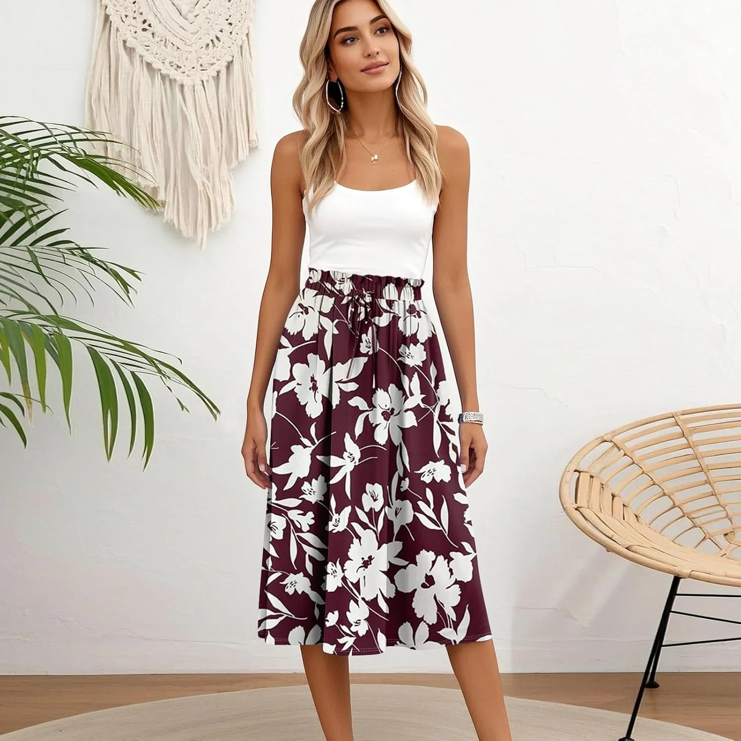A Line Floral Midi Skirts for Women Casual Trendy Elastic High Waisted Pleated Flowy Drawstring Midi Length Skirts